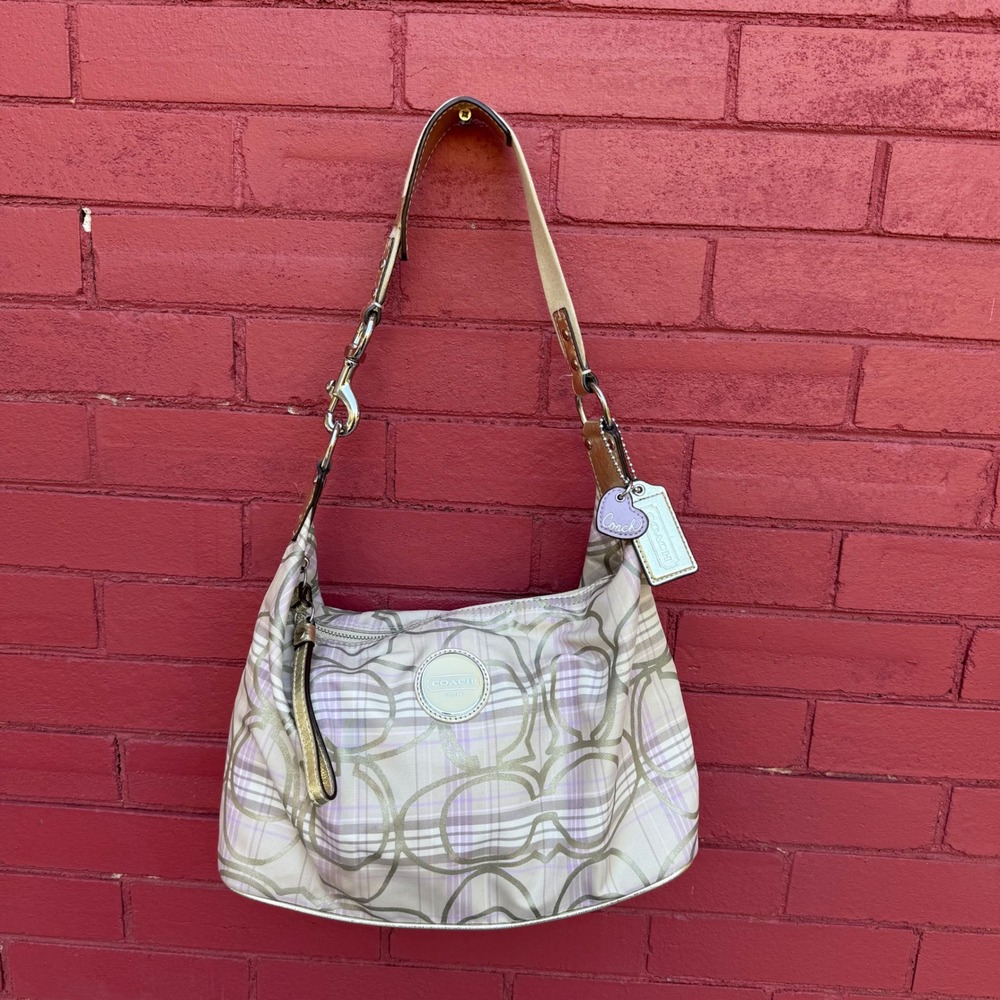 Vtg Coach F17209 Signature Plaid Metallic Hobo Bag Cream Lavender Gold Handbag